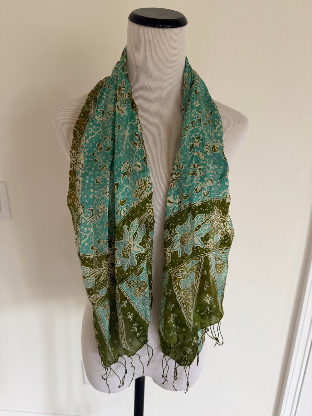 Purchased in Bali; Olive Green & Teal Floral Printed Scarf